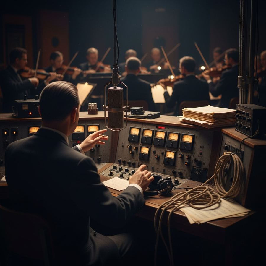 1940s network radio studio with orchestra and broadcast announcer