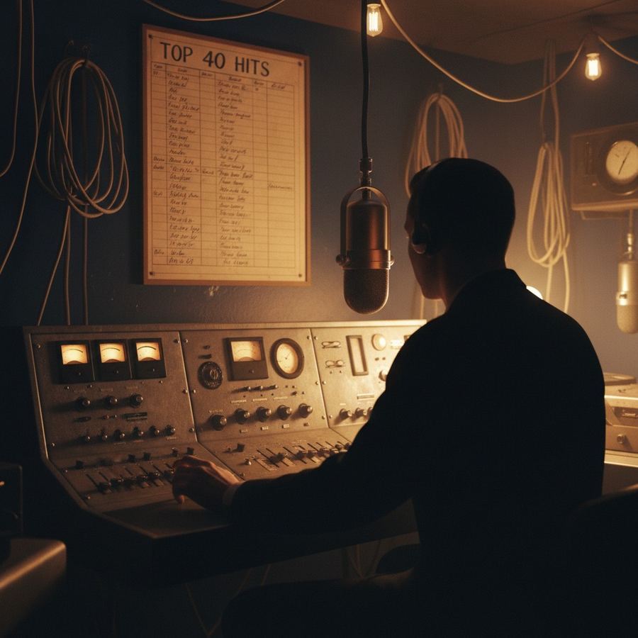 1950s radio DJ at microphone with Top 40 chart board on the wall
