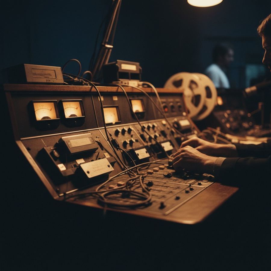 Wide-angle shot of a 1970s FM rock radio studio console with carts and reels