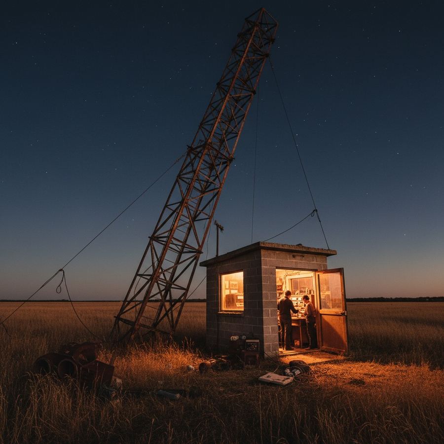 Abandoned AM broadcast tower in a rural field with fallen guy wires