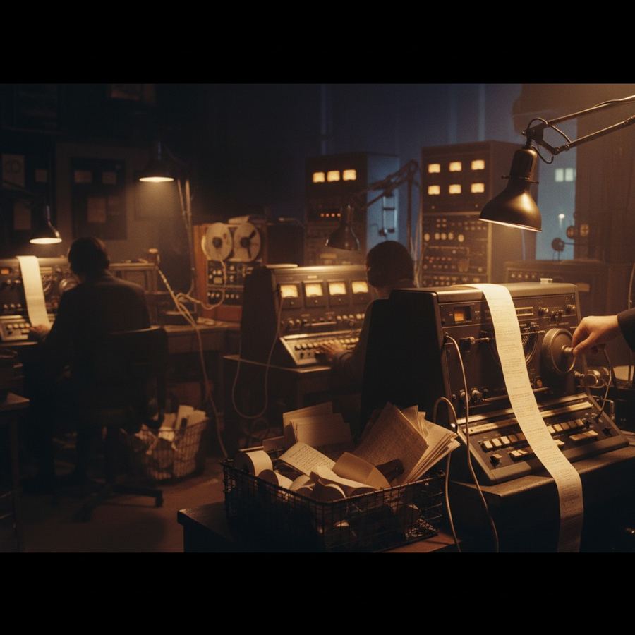 1970s all-news AM radio newsroom with teletype machines