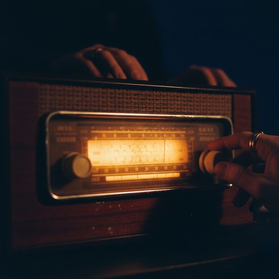 Close-up of an illuminated AM and FM dial on a vintage wooden receiver