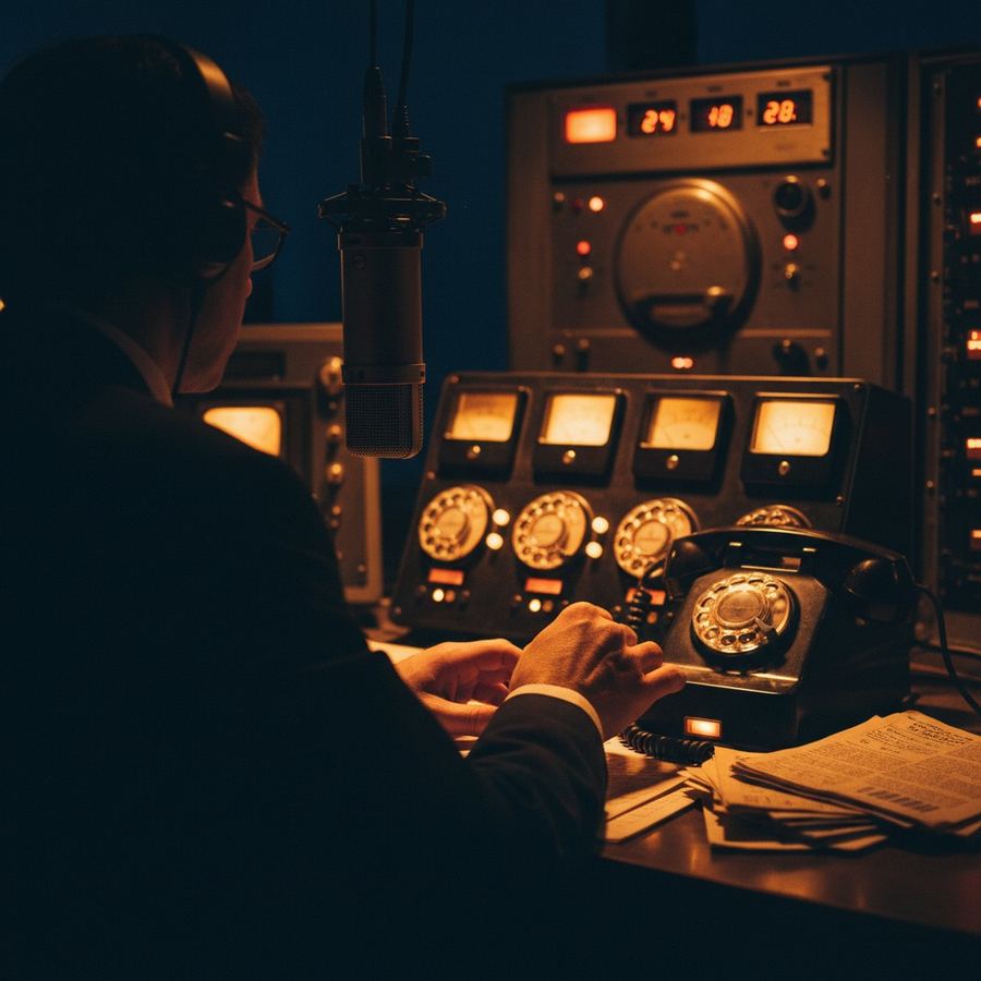 AM talk radio host at a studio microphone next to a multi-line phone bank