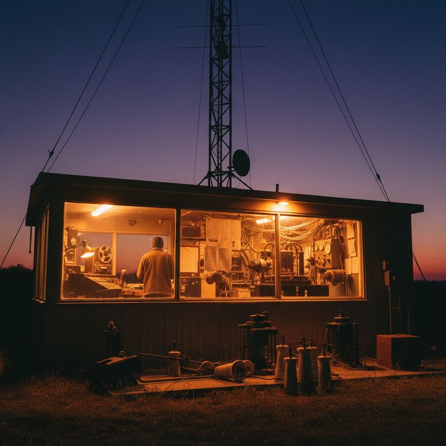 50 kW clear-channel AM tower photographed at dusk against a purple sky