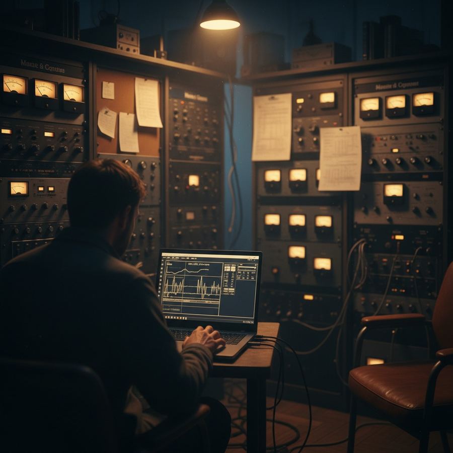 An audio engineer monitoring stream levels and metadata on a laptop in a small studio