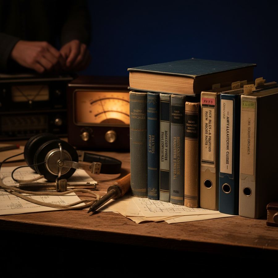 A stack of broadcasting reference books and FCC rule binders on a wooden desk