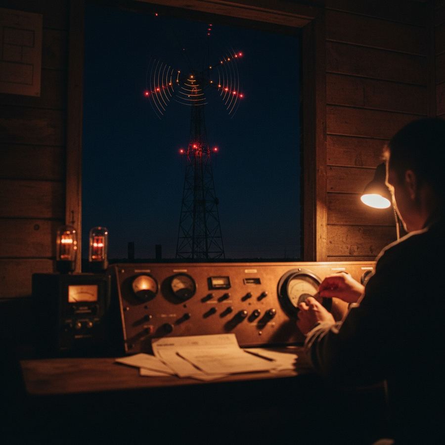 Silhouette of a broadcast tower with blinking beacons against a night sky