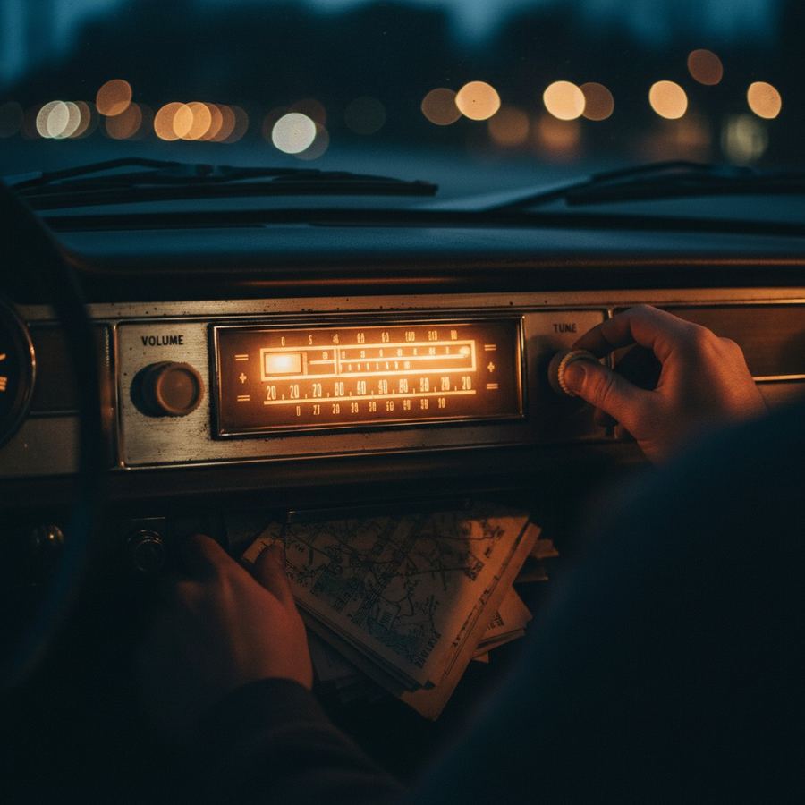 Illuminated car dashboard FM radio at night