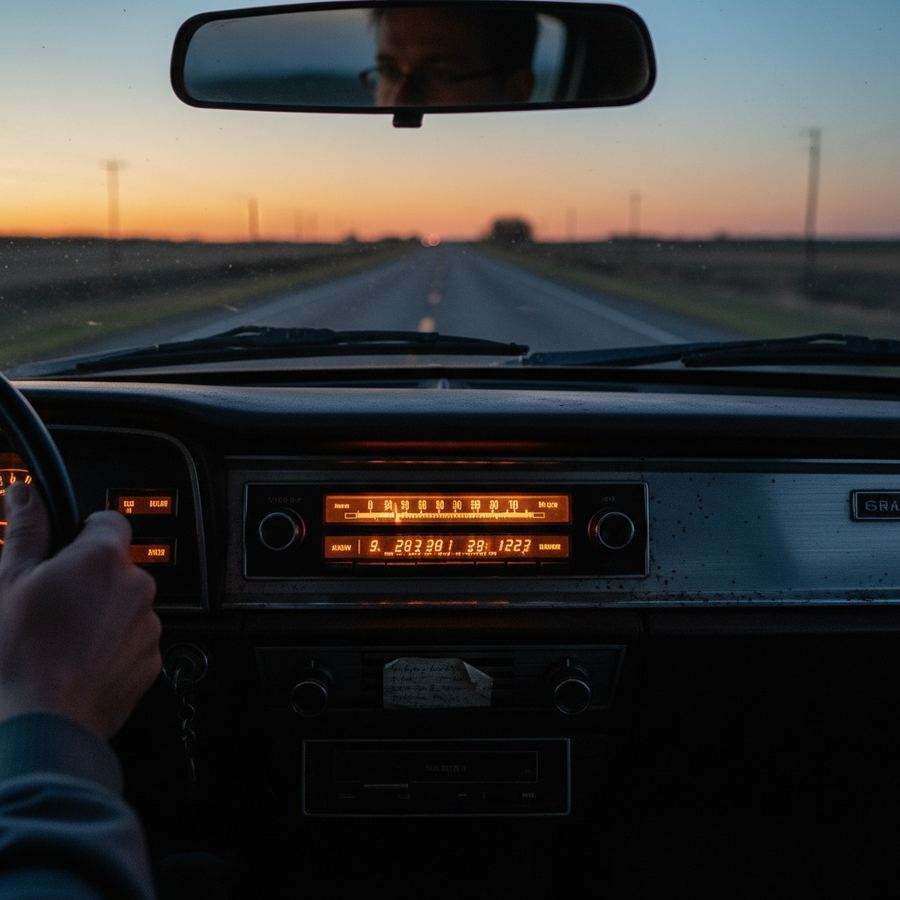 A car dashboard radio display mid-scan on a rural two-lane highway at dusk