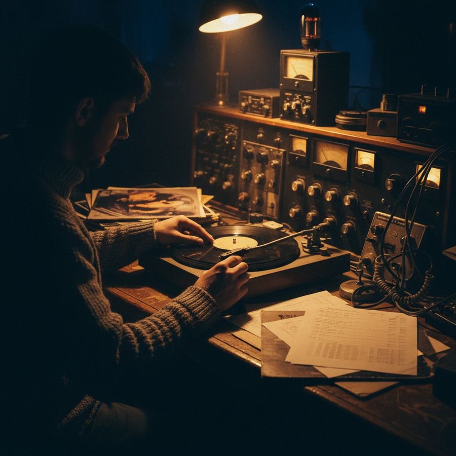 Volunteer at a community radio control room cueing a record on a turntable