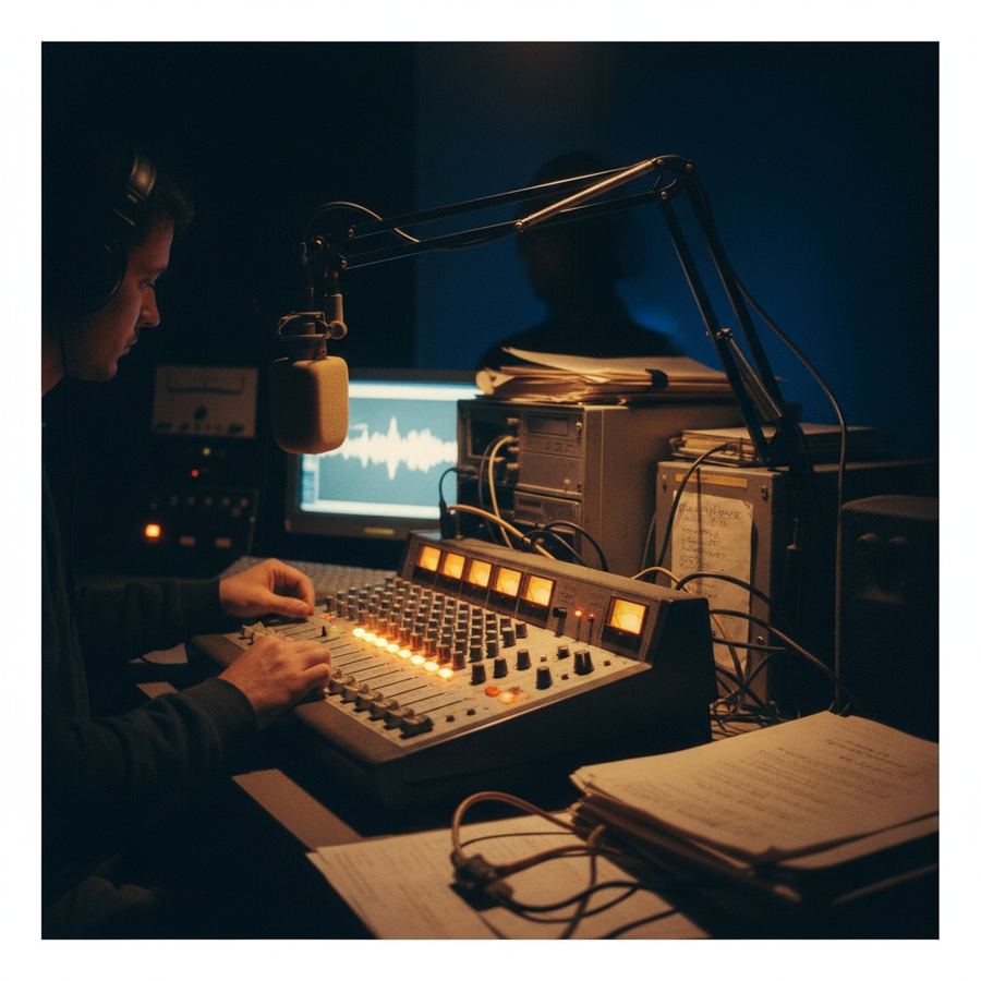 Basic community radio studio setup with mixing board, microphone and computer