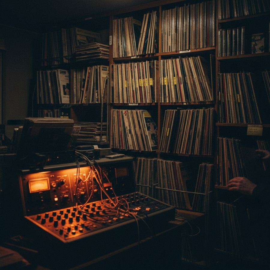 Wall of vinyl records in a community radio station library room