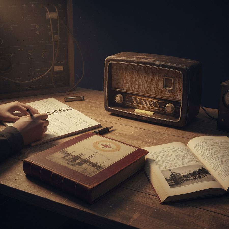 A writing desk with a transistor radio, notebook, and reference books open to broadcasting history