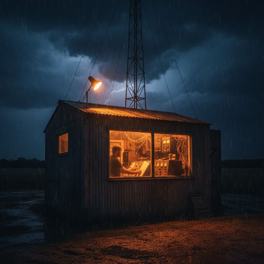 Rural AM broadcast transmitter site at night during a storm
