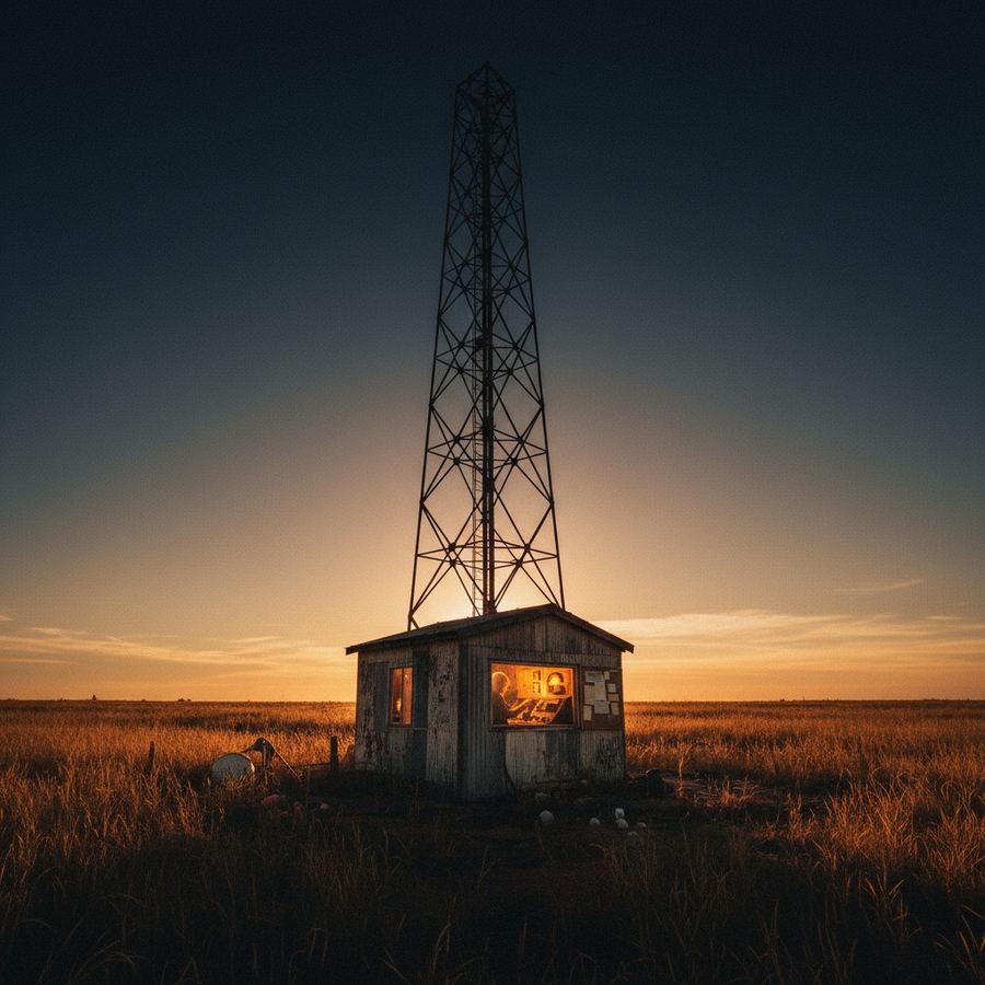 Empty AM radio tower in a field at sunset