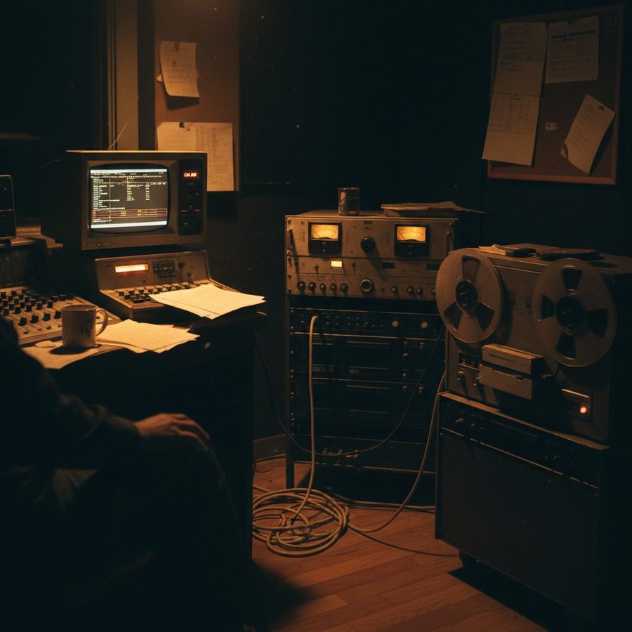 Empty small-market radio studio with automation computer running overnight