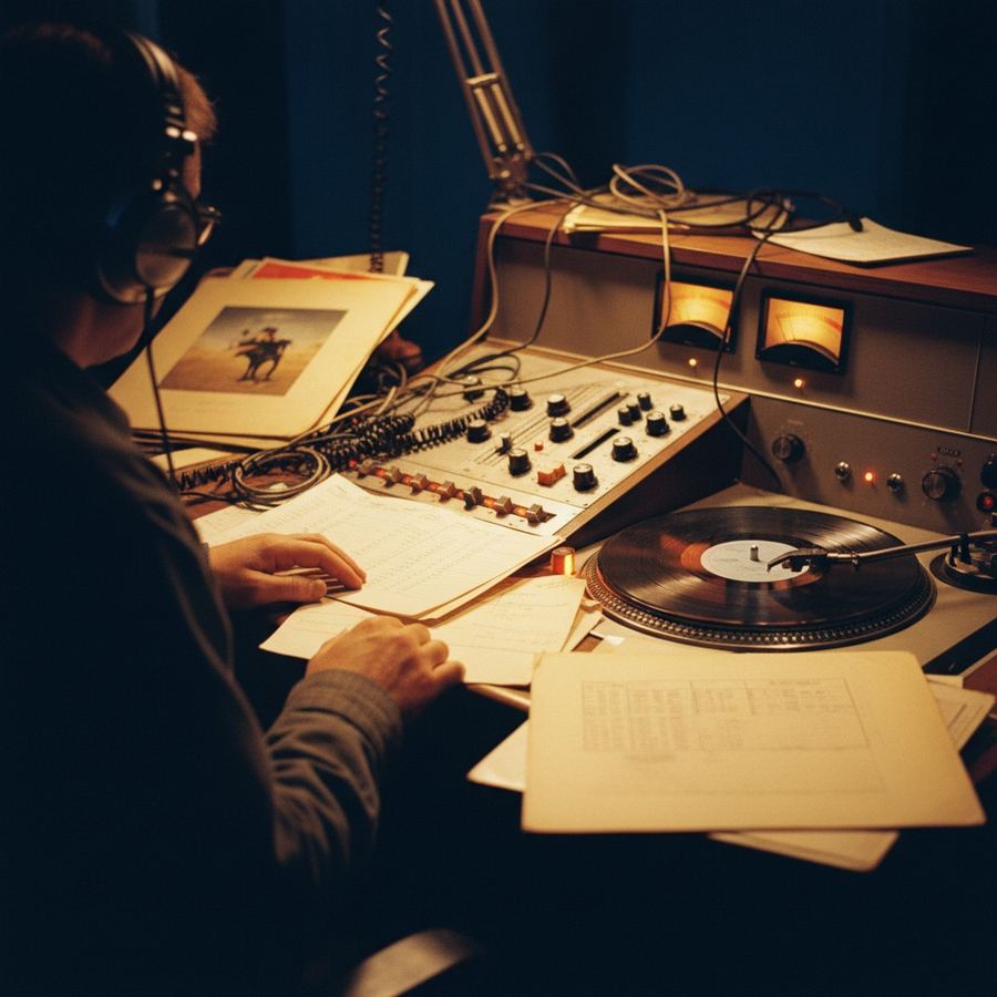 FM album rock DJ at console with headphones and vinyl records