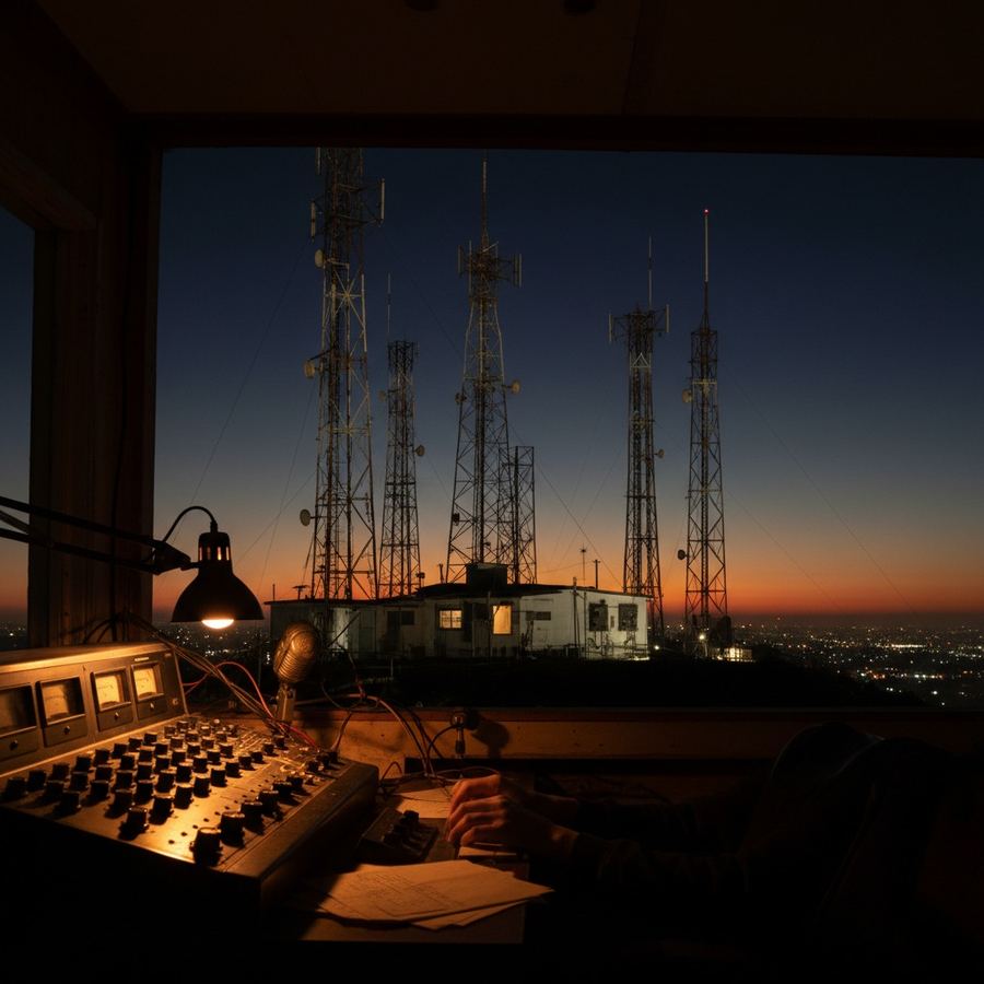 FM broadcast tower array on a Los Angeles ridgeline at dusk