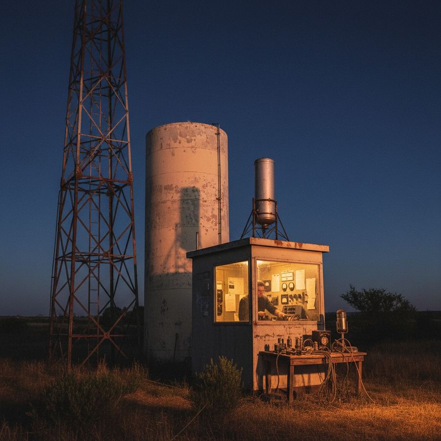 FM translator antenna mounted on a rural water tower next to an AM tower