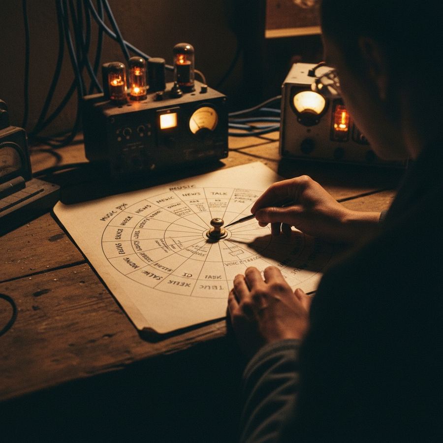 Format clock programming wheel diagram on paper with handwritten labels
