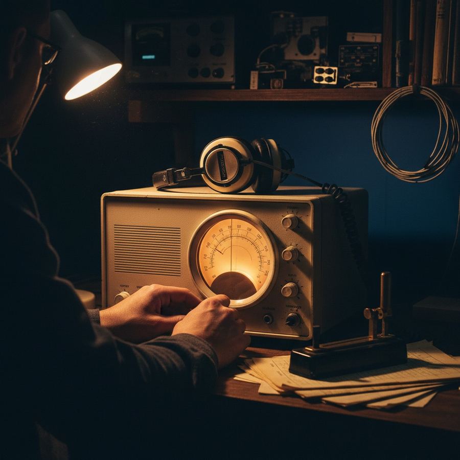 Amateur radio HF transceiver with straight Morse key and headphones