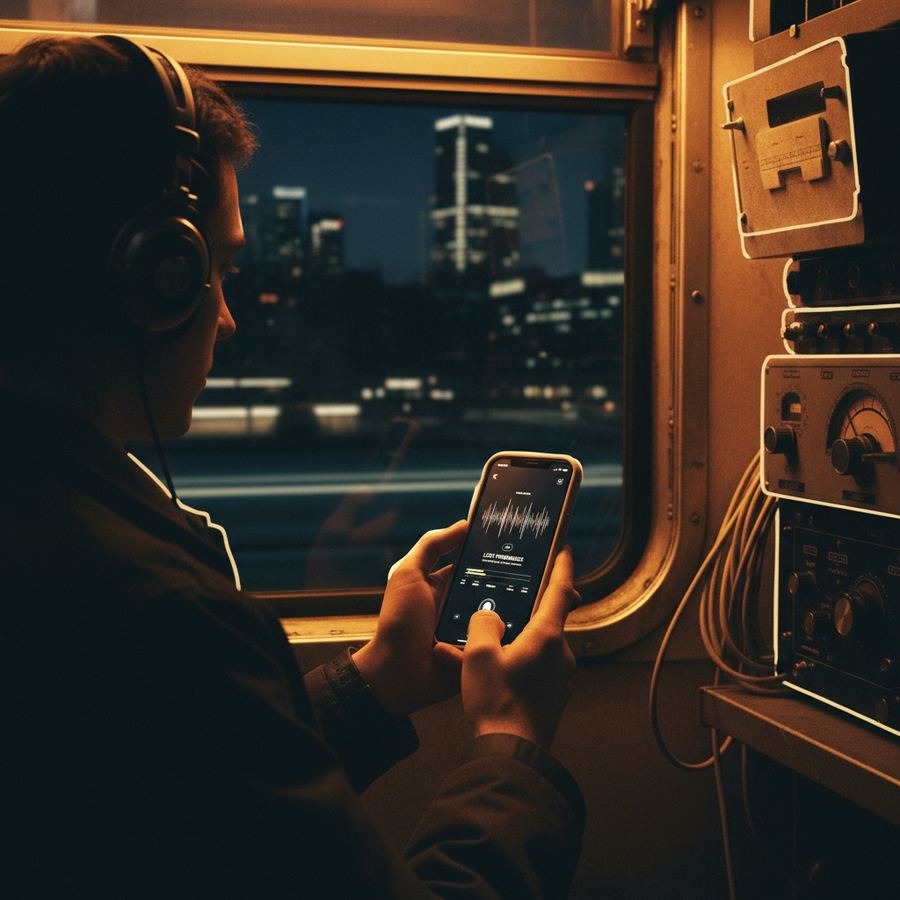 Listener using headphones with a phone open to a podcast app on public transit
