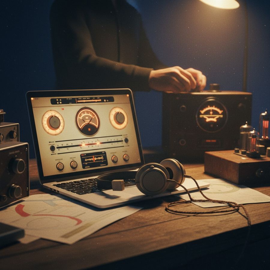Laptop displaying an internet radio stream player with headphones resting on the keyboard