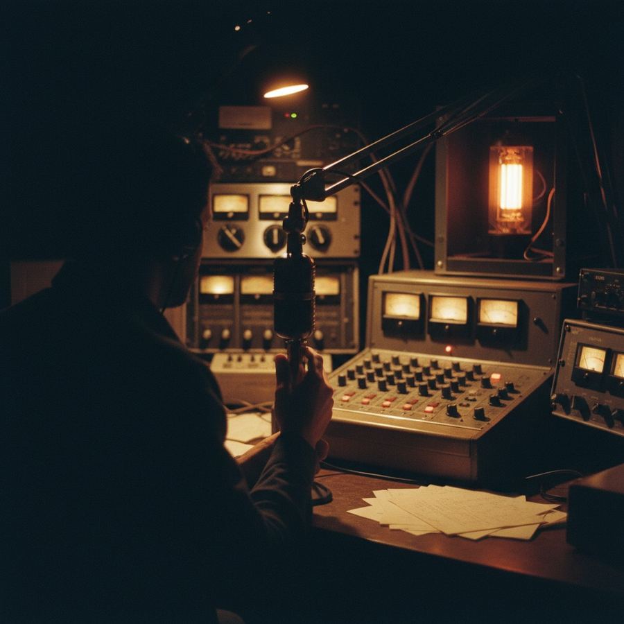 Volunteer host speaking into a microphone at a small community FM station