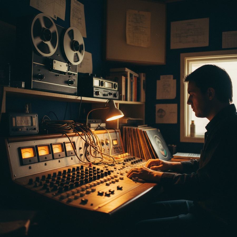 Small low-power FM station broadcast room with mixing console