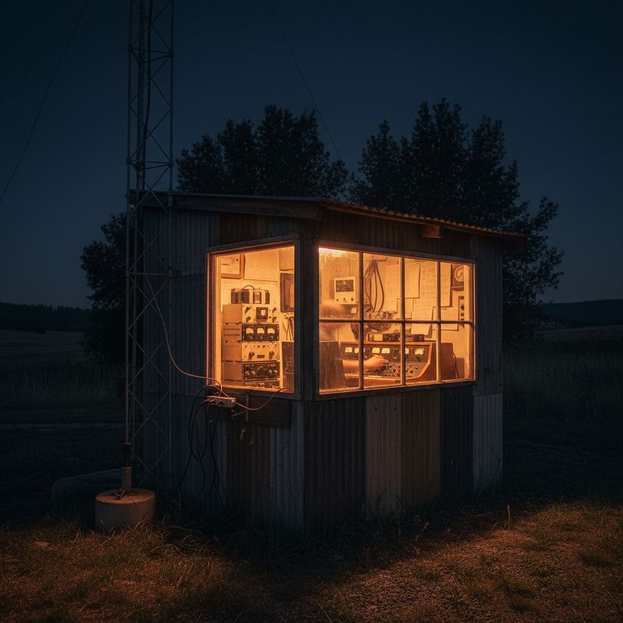 Small LPFM transmitter building with antenna mast on a rural site