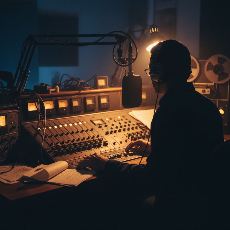 Morning drive announcer at microphone in a live community radio studio