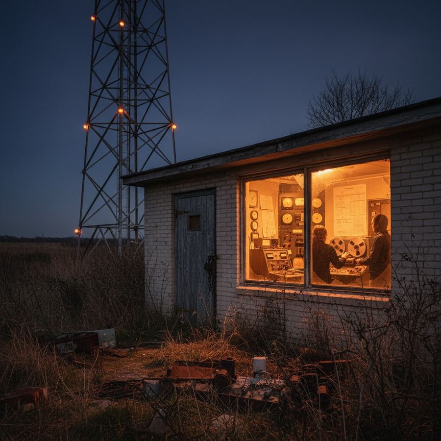 A shuttered AM transmitter building and tower in an overgrown rural field