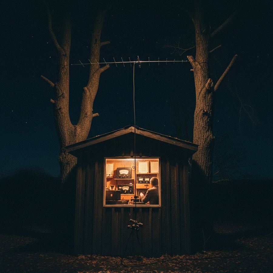 Wire dipole antenna strung between two trees with feedline dropping to a shack
