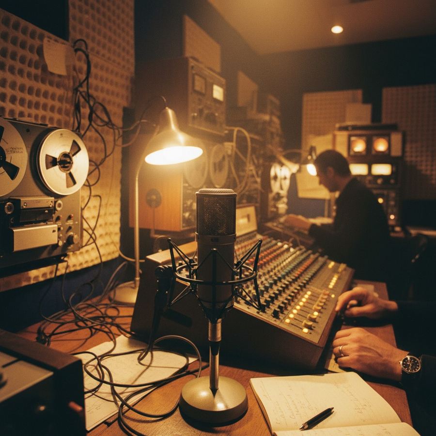 Home podcast studio with a large-diaphragm microphone and acoustic panels