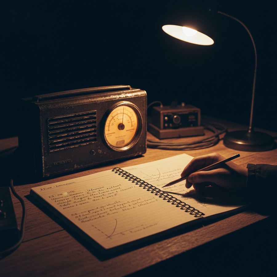 Portable shortwave radio on table with a hand-written listening log