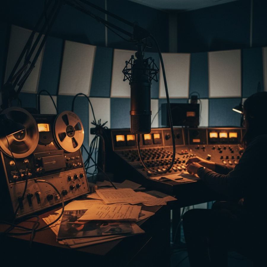 Public broadcasting radio studio with a large microphone and acoustic panels
