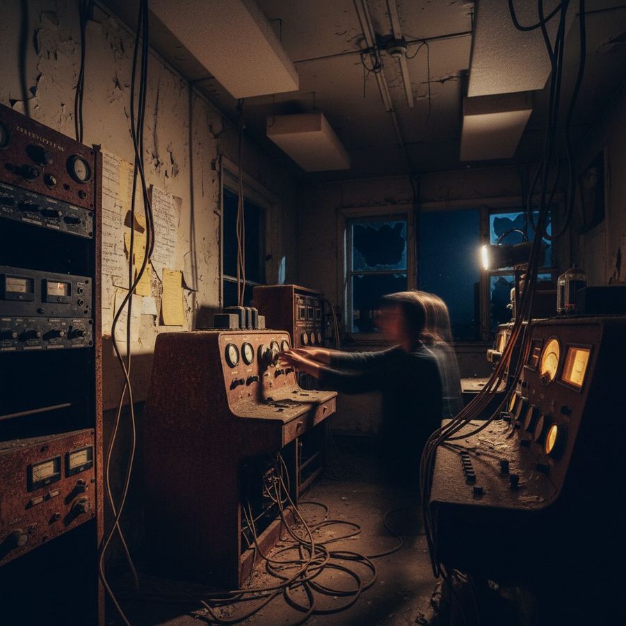 Rusted interior of an abandoned AM radio transmitter building