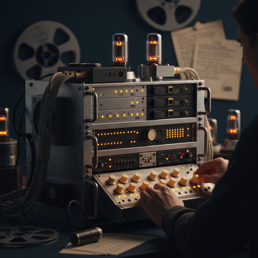 Streaming audio server rack with blinking network indicator lights