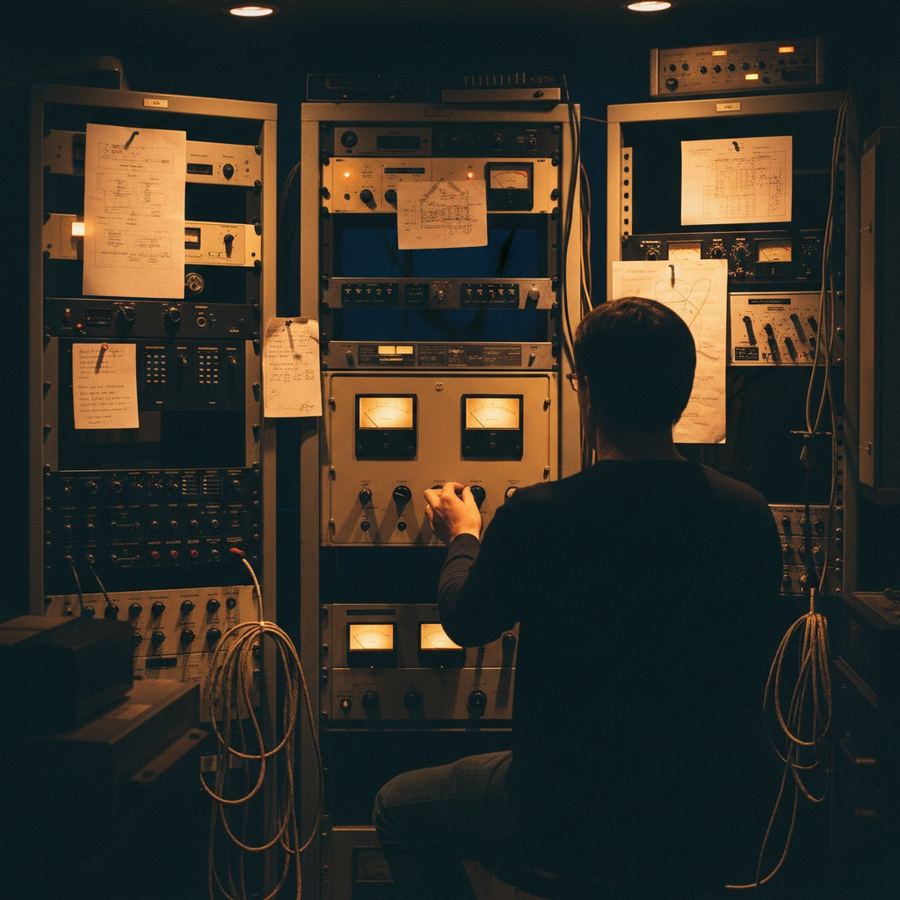 Small-market AM transmitter room with an older solid-state transmitter and racks