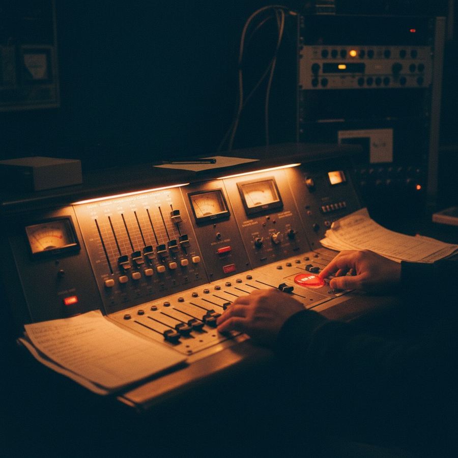 Live small-market AM radio control board with faders up