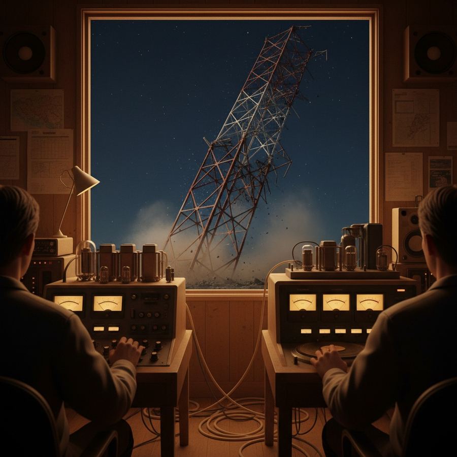 Self-supporting radio tower mid-demolition during a controlled drop