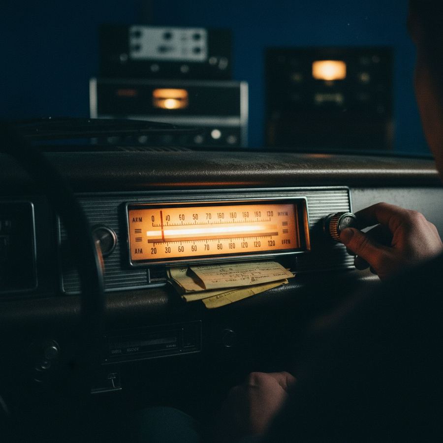 Vintage car radio dashboard showing AM and FM dial