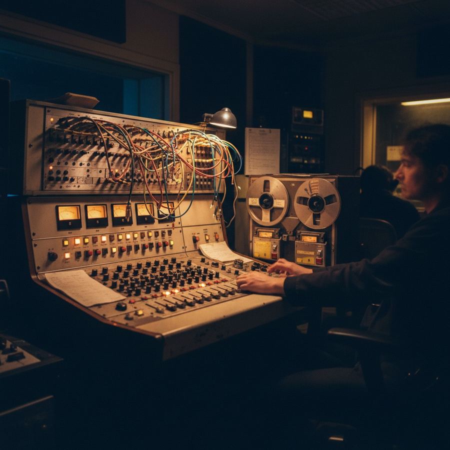Analog mixing board in a small radio studio with patch cables and cart machines