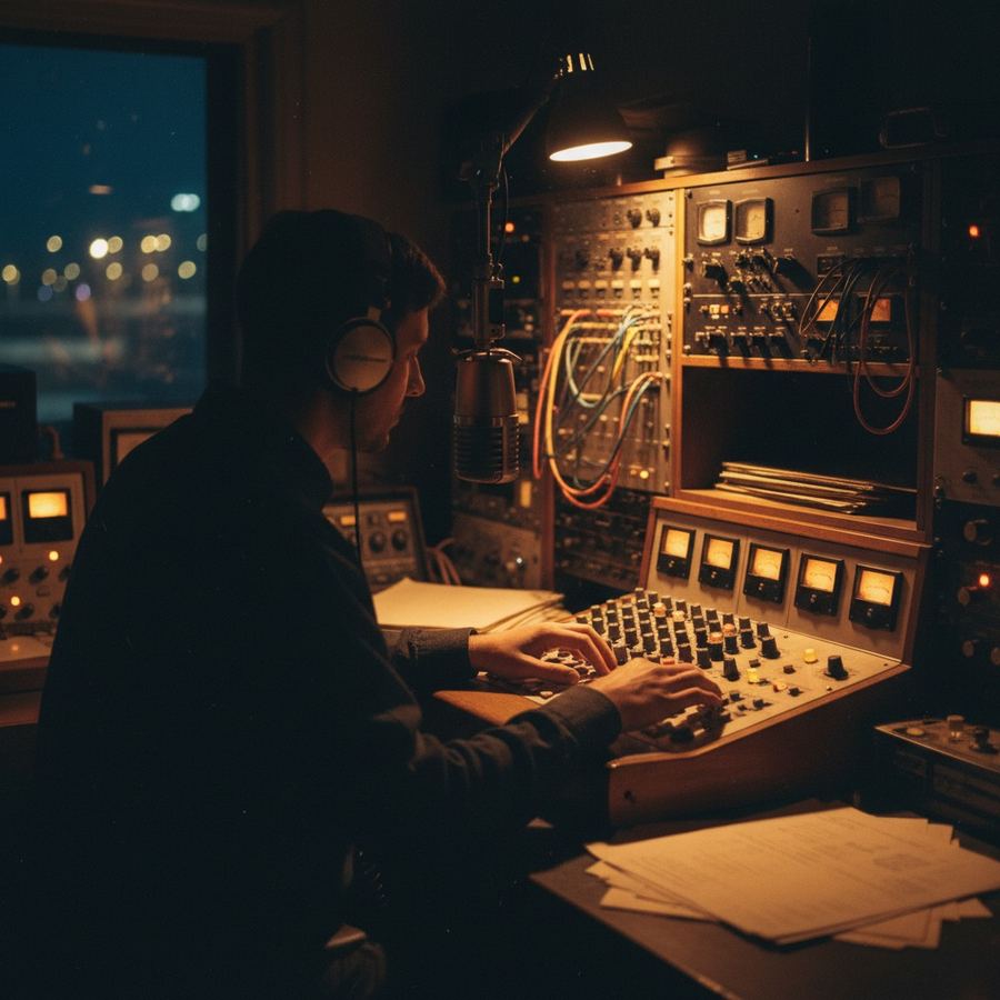Volunteer DJ at a community station during a late night shift with headphones and a microphone